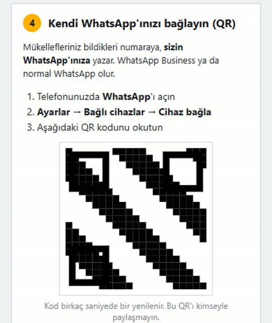 Beyanno kurulum sayfası: kendi WhatsApp'ınızı QR koduyla bağlama adımı