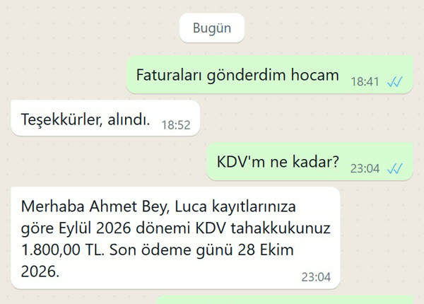Mükellefin WhatsApp ekranı: KDV sorusu ve Luca kaydına dayanan cevap (örnek veri)