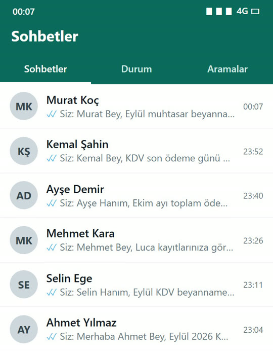 Müşavirin WhatsApp sohbet listesi: tüm mükellef soruları cevaplanmış (örnek veri)